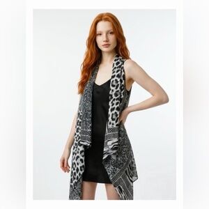 Black & White Animal Print Draped Vest Kimono Cardigan Boho Layering Piece